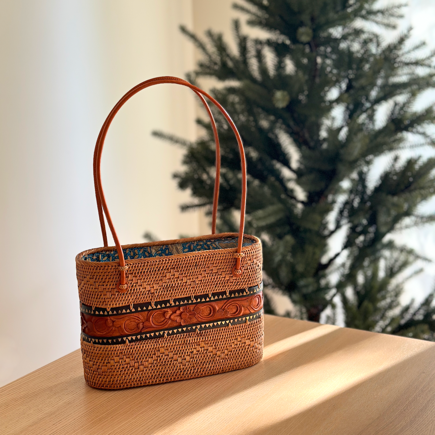 Bali Rattan Handbag - Wood Carving